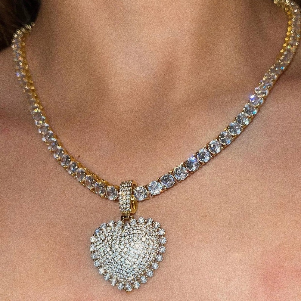 Gold tennis  Heart Pendant Necklace 16inch